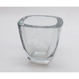 Studio Glass vase of tapering rectangular form, etched with sprays of foliage in the Baccarat