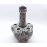 20th Century Chinese spill vase of lobed form with central pedestal, decorated with stylised blue