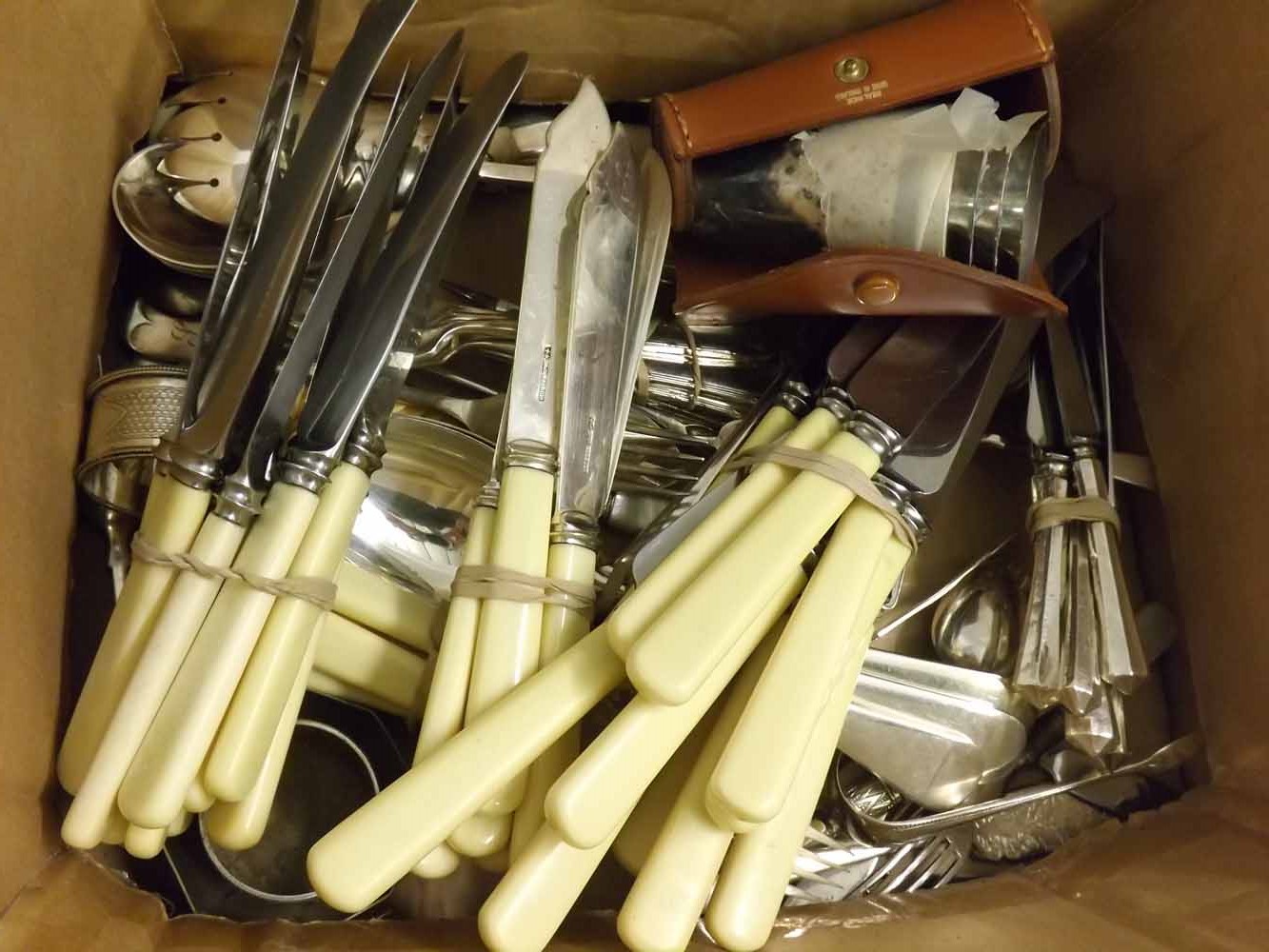 A box of various assorted Silver Plated Cutleries, Napkin Rings, Spirit Cups etc - Image 2 of 2