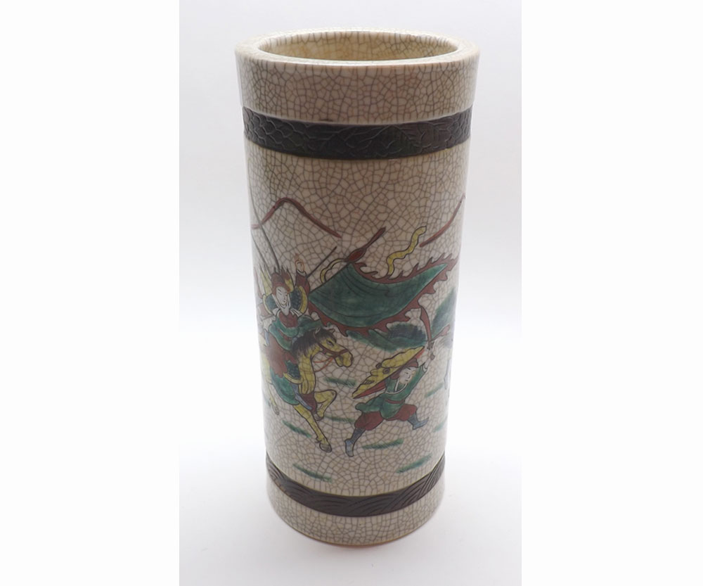 A Chinese Crackle Glaze Cylinder Vase, decorated in famille verte and iron red with warrior