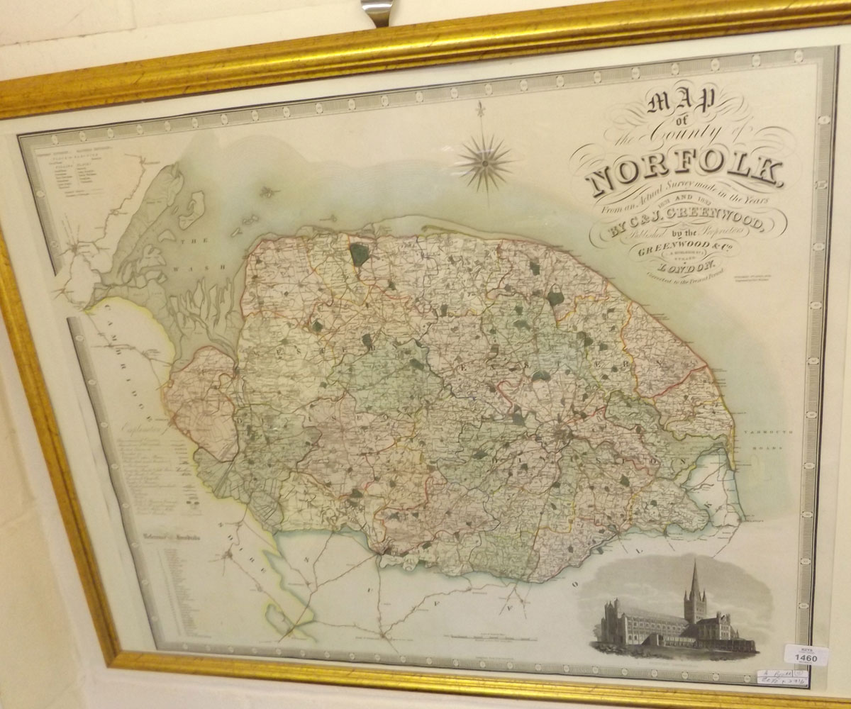 S & J GREENWOOD: MAP OF THE COUNTY OF NORFOLK,,,, engrd hand col'd map, 1834, approx 22 1/2" x 27