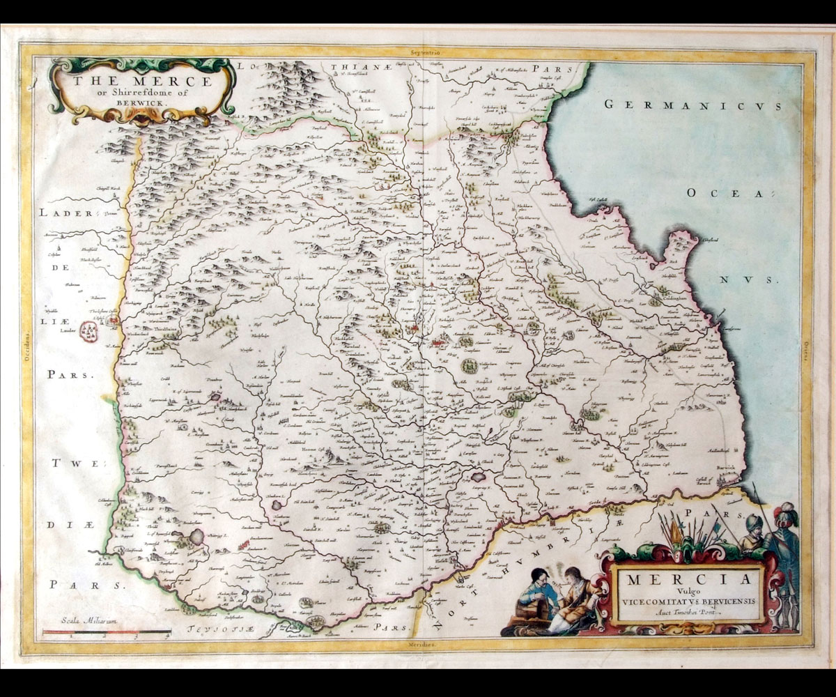 T PONT: THE MERCE OR SHIRREFDOME OF BERWICK, engrd hand col'd map circa 1664, approx 15" x 20", f/g