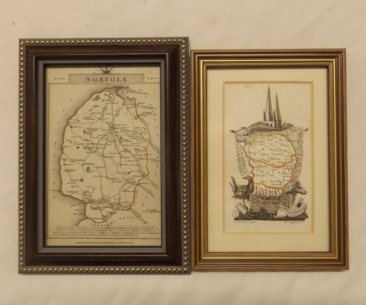 J CARY: NORFOLK, engrd part col'd map 1789, approx 5" x 3 1/2" f/g + PERROT/MIGNORET: NORFOLK,