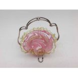 A Victorian small frilled Dish decorated with pink veined detail, raised on a silver plated frame, 5