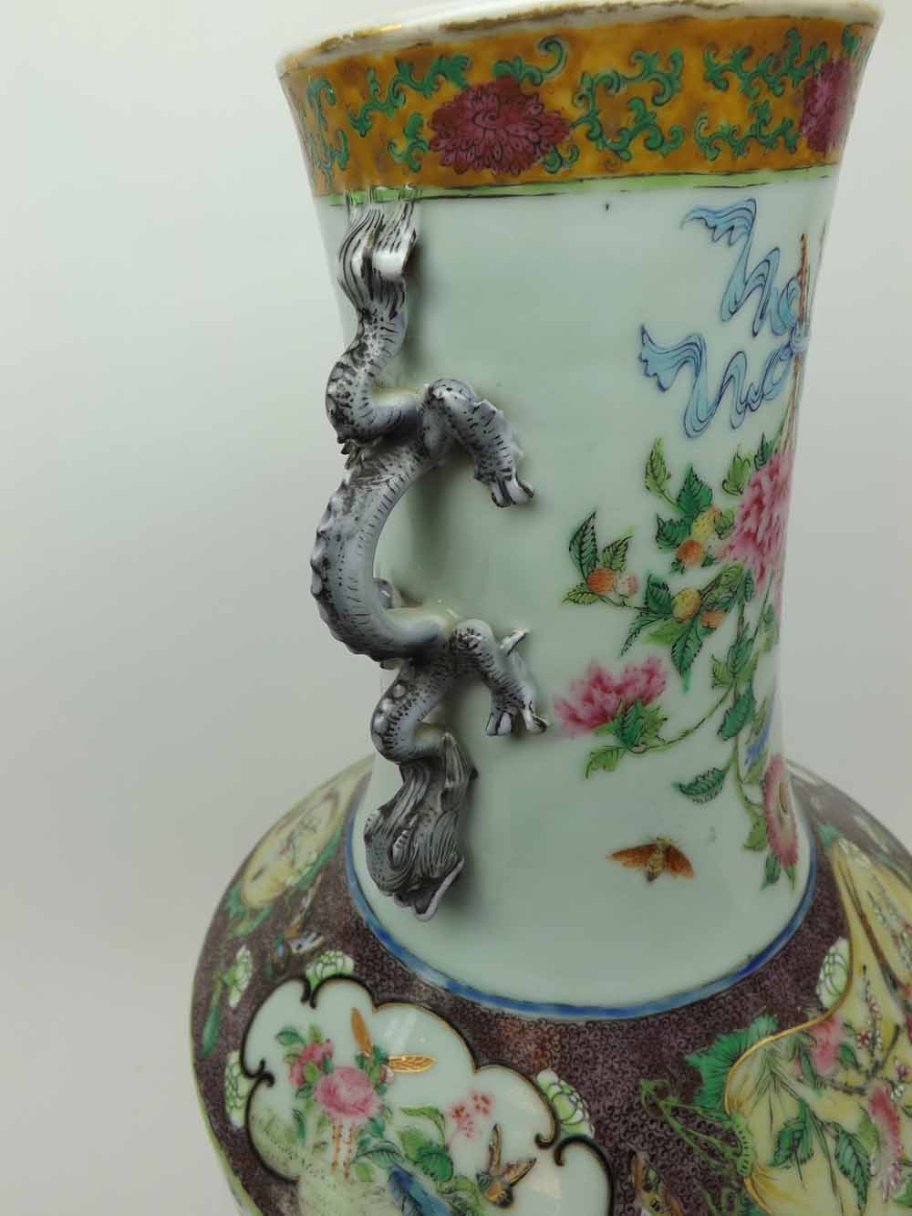 A Chinese Famille Rose Baluster Vase, the cylindrical neck applied with dragons and the body painted - Image 3 of 4