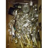 A large box of assorted old and modern Electroplated Flatwares including some cased sets