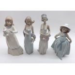 Three Lladro Figures: Girl in evening gown wearing pearls and with shawl; Girl with wide-brimmed