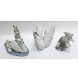 Three Lladro Models: Swan; Swan and Signets on base; Cat with mouse on his tail, 4" and 4 1/2" and 3