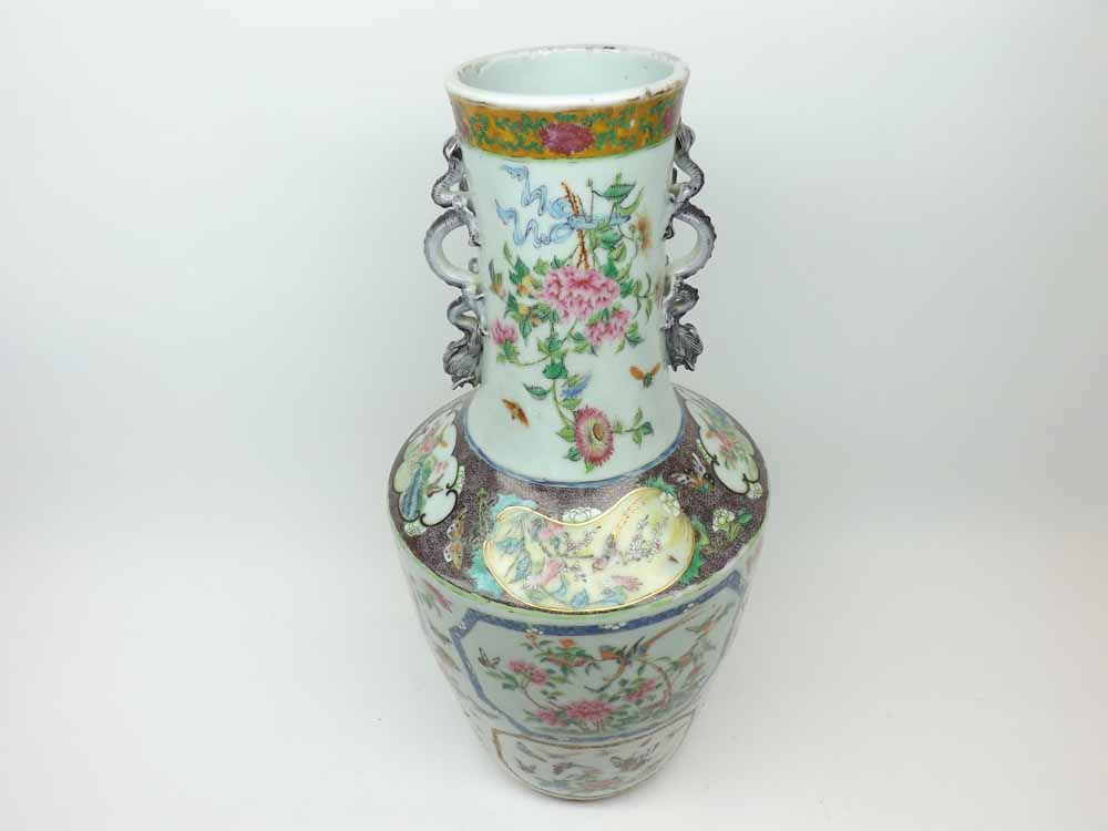 A Chinese Famille Rose Baluster Vase, the cylindrical neck applied with dragons and the body painted