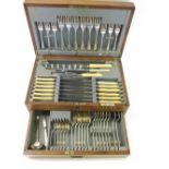 An Oak cased canteen of plated flatwares, Hanoverian Rat Tail pattern, 48 pieces total, case stamped