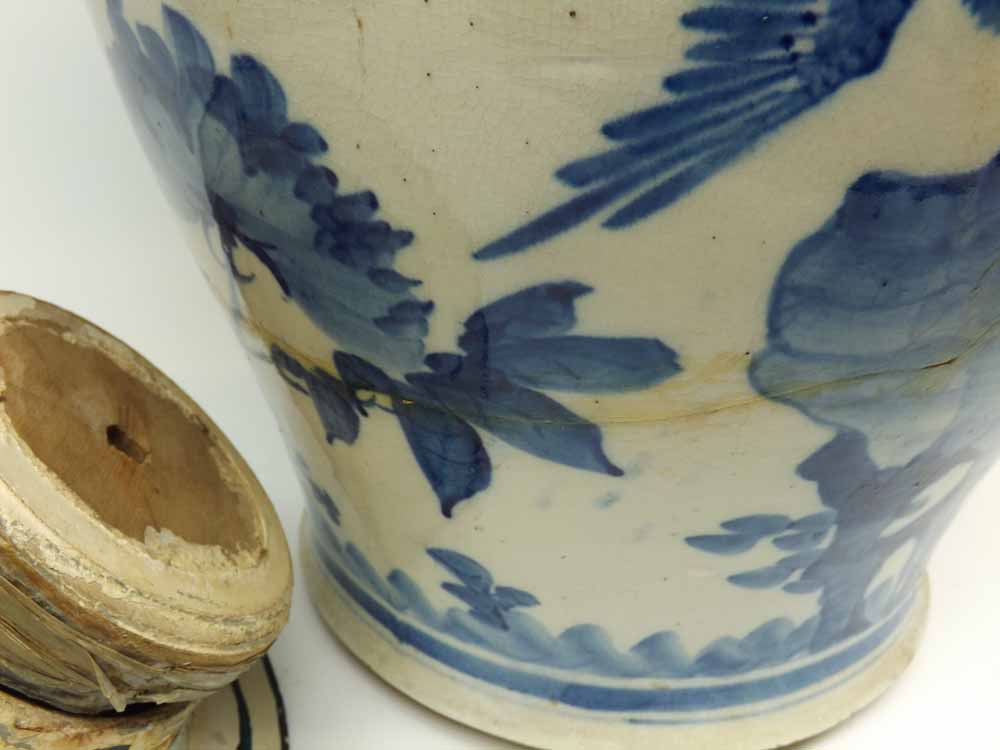 A Chinese Covered Large Jar, painted in underglaze blue with birds and foliage, the neck applied - Image 5 of 12