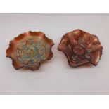 Two frilled dark Carnival Glass Dishes, decorated with vine detail, largest 7 1/2" diameter