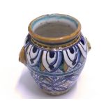 An Italian Pottery Baluster Vase with mask mounts, decorated throughout in faience colours (some