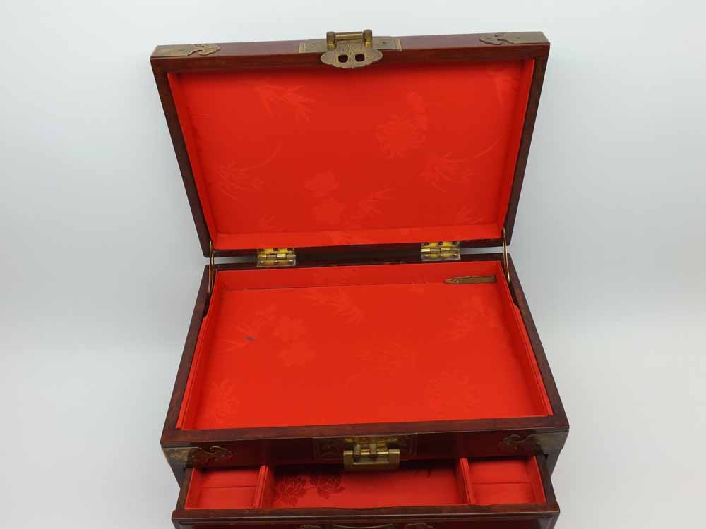 A decorative 20th Century Chinese Hardwood and Brass Mounted Table Top Vanity Chest, lifting lid and - Image 2 of 2