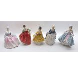 Five Royal Doulton Figures: Charlotte, HN2423; Fair Lady (red), HN2832; Coralie, HN2307; Southern