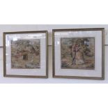 Pair of square needlework pictures depicting Children on a Seesaw and a Couple in Classical Dress,