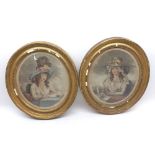 A pair of oval coloured Engravings, depicting ladies writing and receiving letters, both in gilt