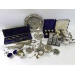 A large box of assorted Electroplated Wares including Tea Tray, Cruet Stand, Teapot, cased sets