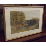 N H Harrison, signed Watercolour dated 1880, rural lane with hurdle, trees, hedge etc, 13" x 20 1/