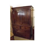 19th Century Mahogany Linen Press Cabinet, moulded cornice over two panelled doors opening to a
