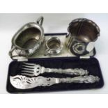 A Mixed Lot comprising: a pair of Victorian electroplated Fish Servers with pierced and engraved