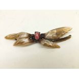 An interesting Arts & Crafts style horn and metal mounted Dragonfly Brooch with Agate centre,