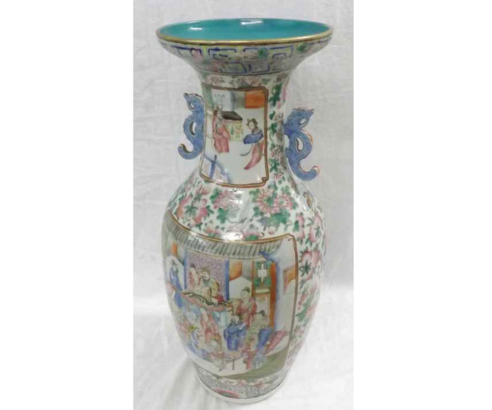 A Famille Rose Large Baluster Vase, the neck applied with animalistic handles and the body decorated