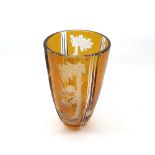 A 20th Century Circular Tapering Art Glass Vase decorated with cut detail of birds amongst foliage