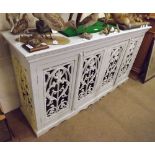 A painted Side Cabinet, the wood painted framed inset with painted cast iron pierced panels to