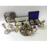 A crate of assorted Victorian and later Electroplated Wares including shaped rectangular Salver,