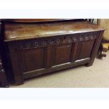 18th Century Oak Coffer with three panelled front on plain stile feet (shortened), 44" wide