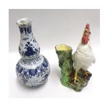 A Delphine Massier Majolica type Vase modelled as a crowing cockerel (minor chips), together with