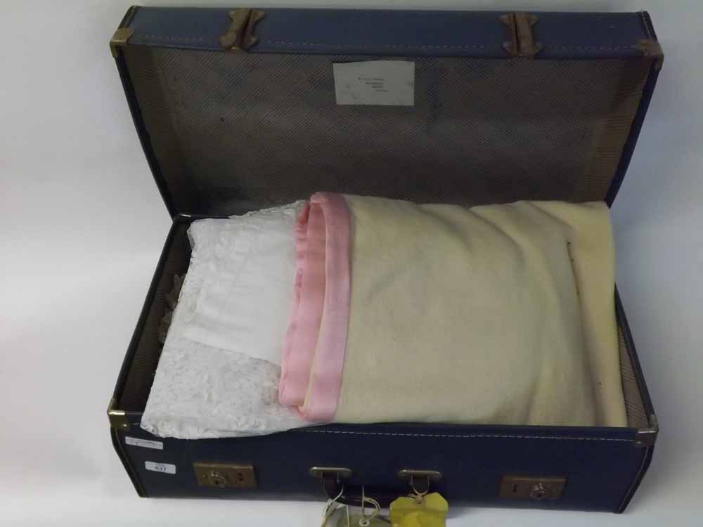 A suitcase and a box containing a large quantity of assorted vintage textiles to include French