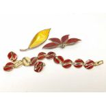 Mid/late 20th Century Swedish Silver gilt jewellery suite of red enamelled leaf design comprising