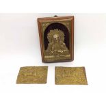 19th or early 20th Century Brass religious plaque of seated Christ, framed in rectangular wooden