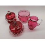 A Mixed Lot of Cranberry Glass Wares comprising: two circular covered Powder Bowls, further circular