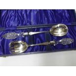 A Cased George V Cut Glass-handled and Silver Salad Fork and Spoon, both pieces approx 11 1/2" long,