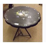 Unusual pedestal Table, the papier m ch top painted and decorated in the Shibayama manner, raised on