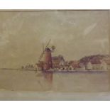 E H Ramm, signed Watercolour, Coastal or Lakeside Scene with windmill and cottages (A/F), 9 3/4" x