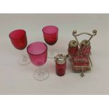 A Mixed Lot to include three Cranberry and Clear Glass small Wines, a further Cut Glass Cruet Set in