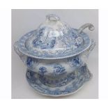 Large 19th Century Ridgways blue and white Soup Tureen and Stand in the Belvedere pattern with a