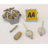 Mixed lot comprising vintage AA car badges, folding Pocket Knives, map measuring tools, a small