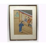 An Oriental Watercolour on Fabric depicting an artist and figures, 10" x 7 3/4"