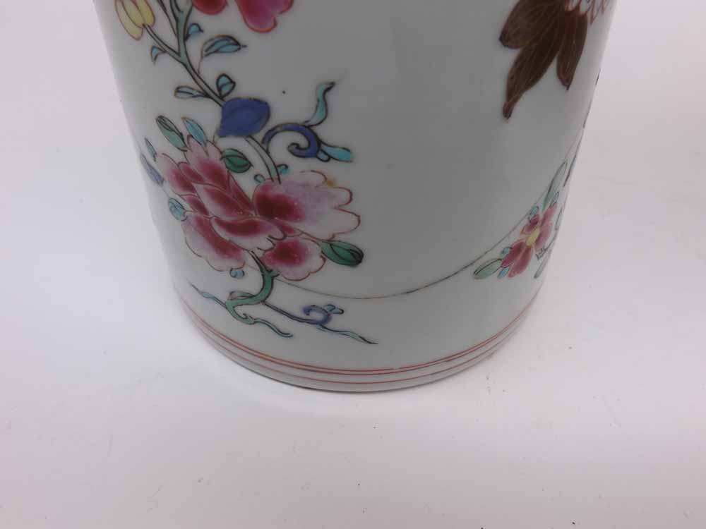 A Chinese Export large Tankard of cylindrical form, body painted in colours with flowering foliage - Image 4 of 7