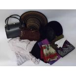 Two boxes of assorted mostly Ladies vintage accessories to include hats, scarves, evening bags etc