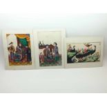 A collection of three Oriental Watercolours on Rice Paper, two depicting interior scenes with master