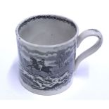 A Victorian Mug, printed en grisaille with a fox-hunting scene, 4" high