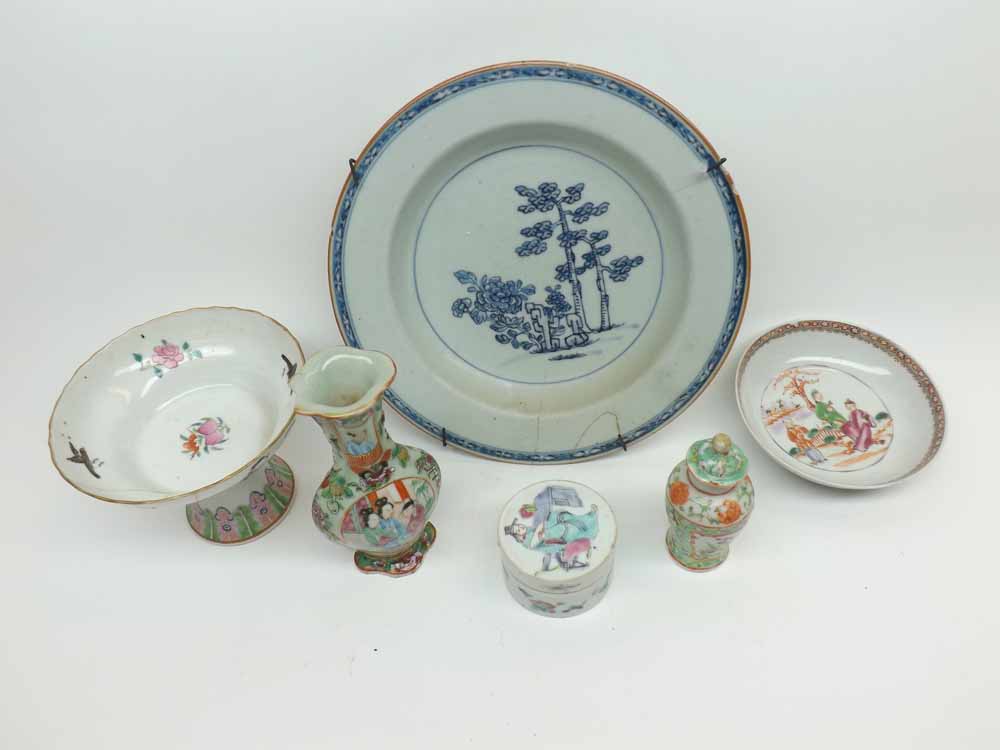 A Mixed Lot of Oriental Porcelain: Chinese Export Saucer Dish, Famille Rose Ovoid Baluster Vase (rim