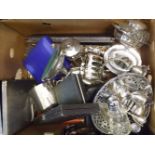 A large box of assorted Electroplated Wares including cased sets of Servers, Fruit Dish, Toast Rack,