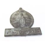 19th Century Lead Fire Plaque, the oval top over a rectangular base numbered 754398 7" high